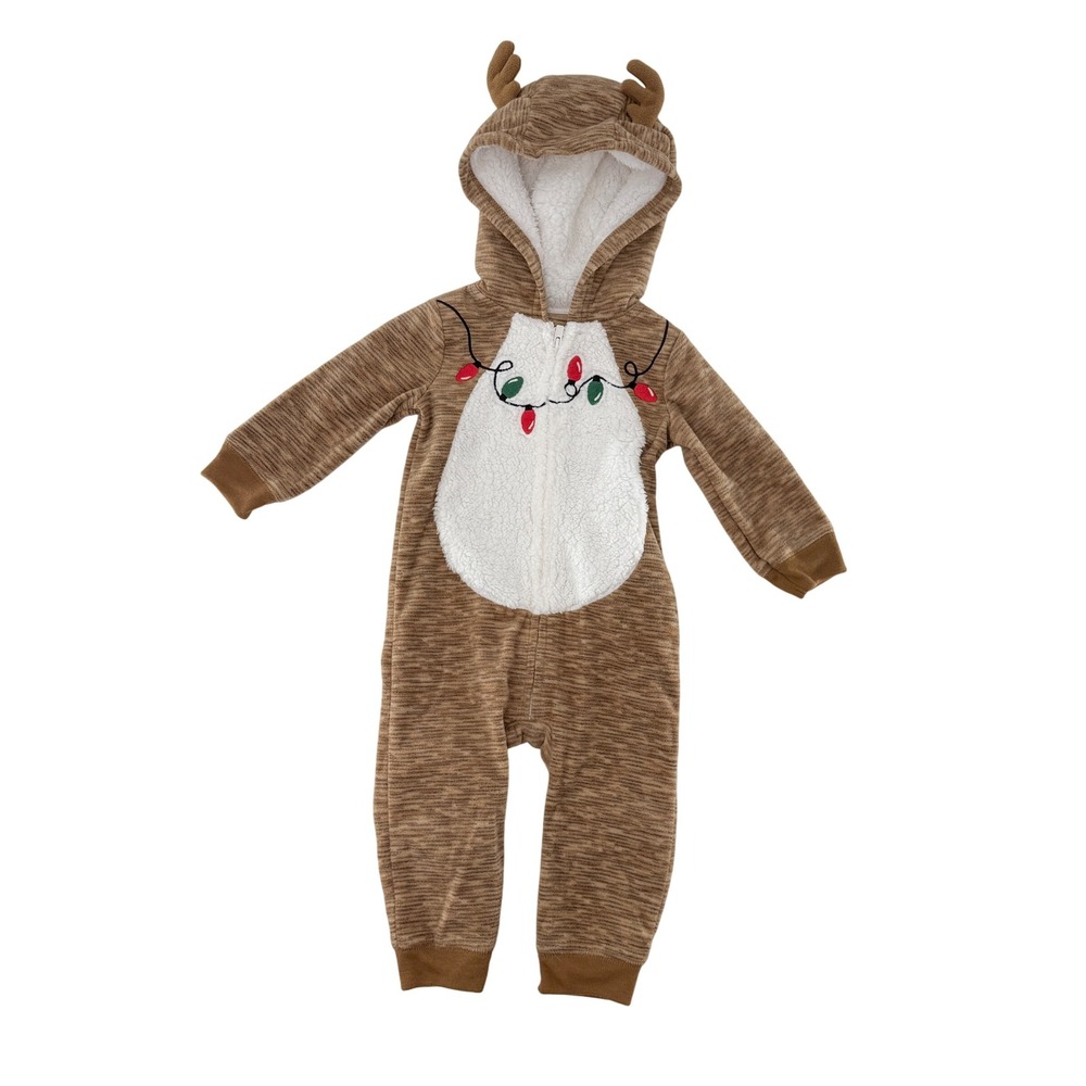 Carters Just One You 12M Christmas‎ Reindeer Hooded Jumpsuit Holiday Lights